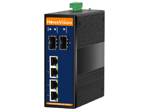Compact Industrial 4-Port Gigabit Ethernet Switch with 2 Gigabit SFP Uplink Ports. Ideal for streamlined, high-efficiency networking in various settings.