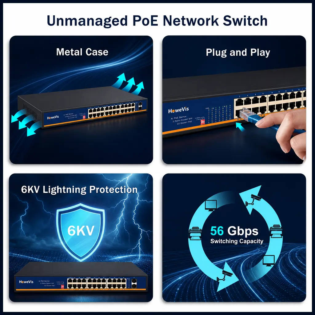 24 Port Gigabit PoE+ Switch with 6KV Lightning Protection and Efficient Heat Dissipation