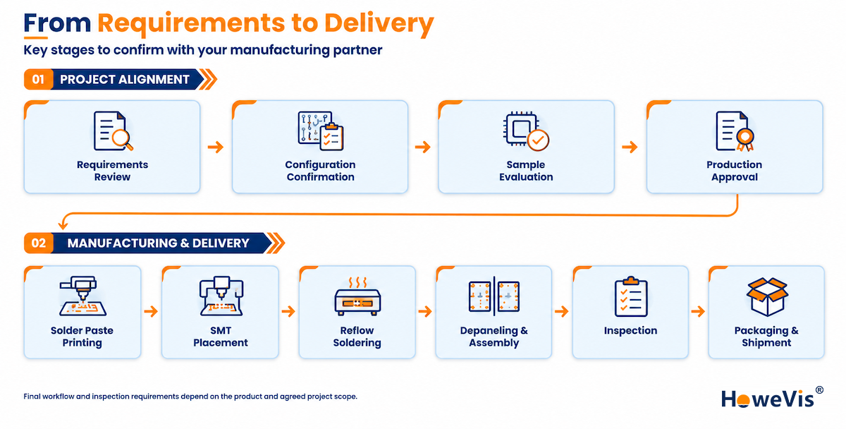 Manufacturing workflow from requirements review and sample approval through PCB assembly, inspection, packaging, and shipment