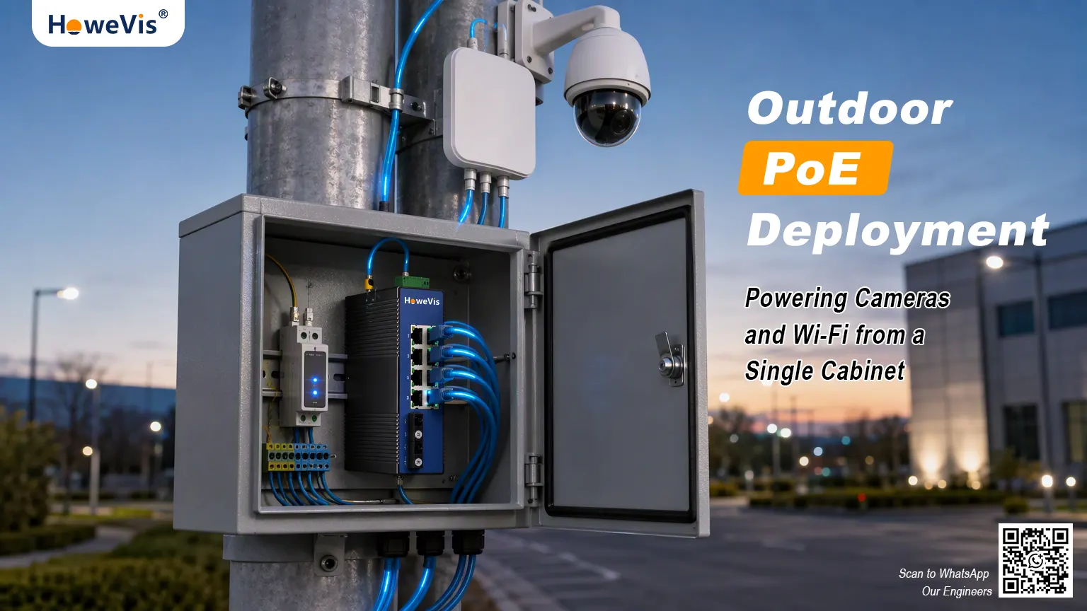 Outdoor pole-mounted surveillance cabinet with a PoE switch powering an IP camera and Wi-Fi access point over Cat6 Ethernet cables