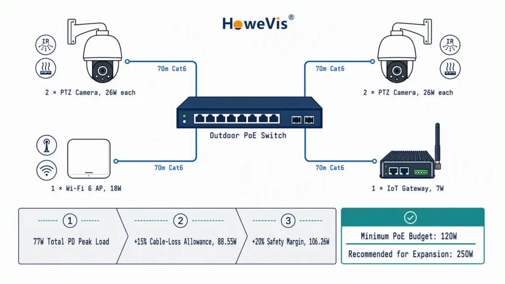 PoE power budget calculation infographic showing two 26W PTZ cameras, one 18W Wi-Fi 6 access point, one 7W IoT gateway, 70 meter Cat6 cable runs, and a minimum 120W PoE switch requirement