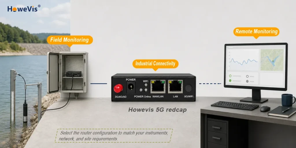 Water monitoring instruments connected through a HoweVis industrial 5G RedCap router to a remote monitoring dashboard.