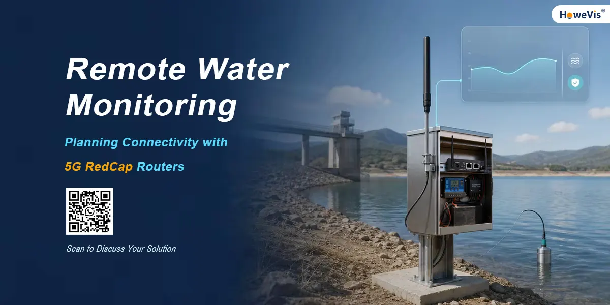 Remote reservoir monitoring station with an industrial cellular router connected to a remote monitoring dashboard.