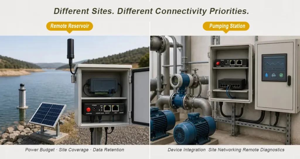 Side-by-side comparison of a remote reservoir monitoring station and a pumping station with industrial networking equipment.